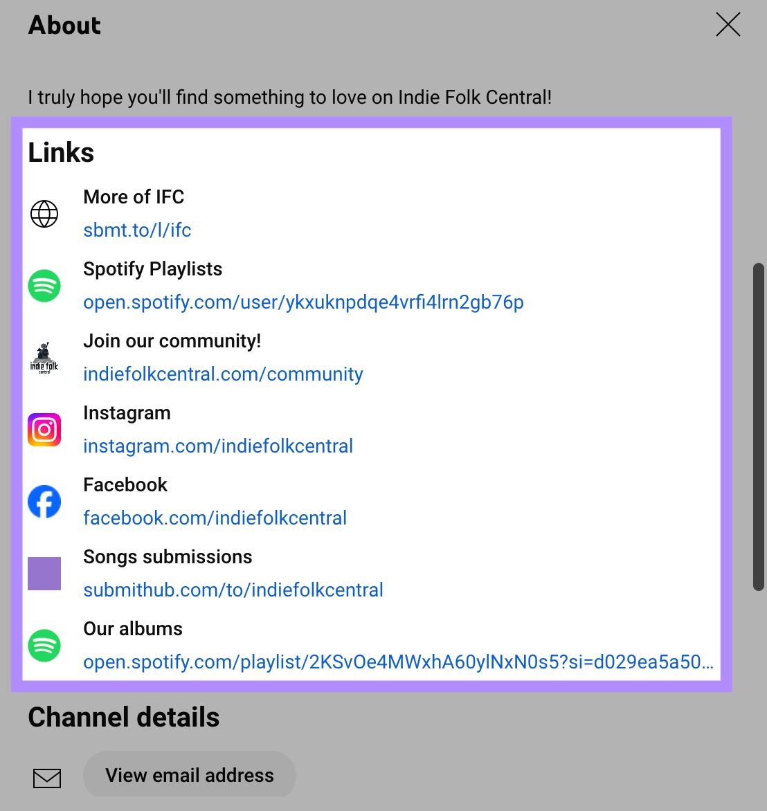 YouTube profile "Links" section