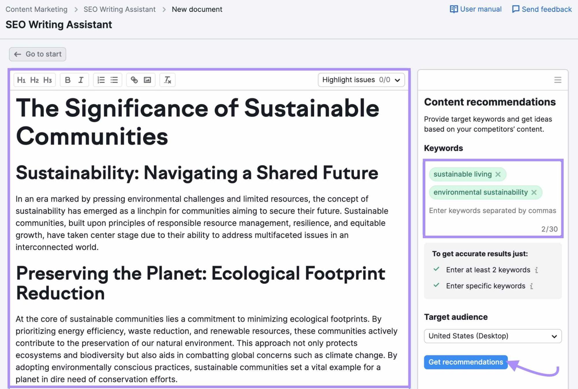 "The Significance of Sustainable Communities" texted entered into SEO Writing Assistant text editor