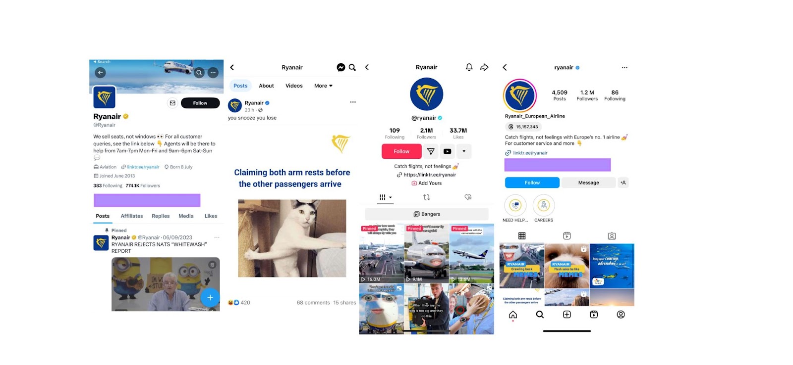 Ryanair's social profiles on Facebook, TikTok, X and Instagram