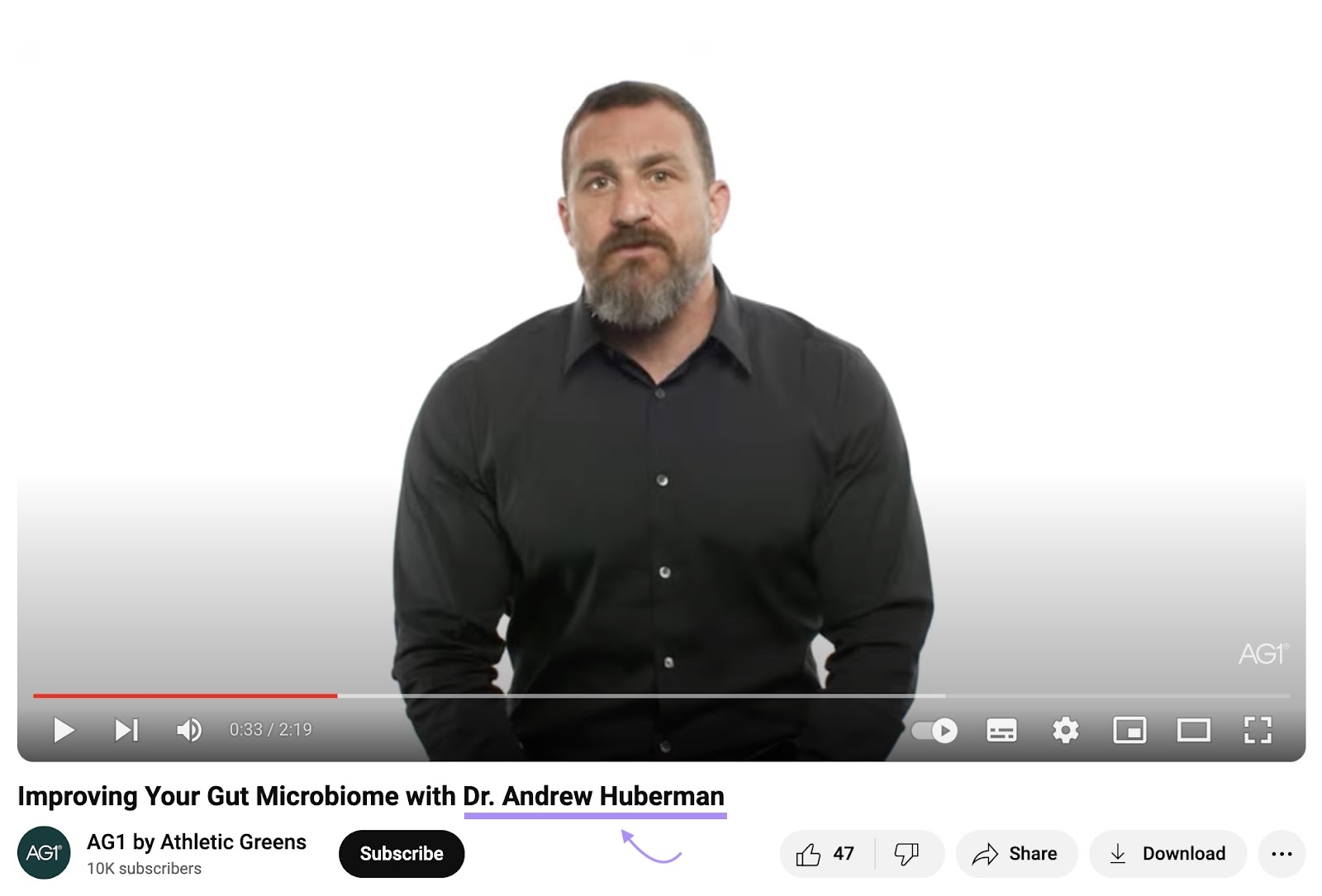 YouTube video from nutrition company Athletic Greens on improving your gut microbiome