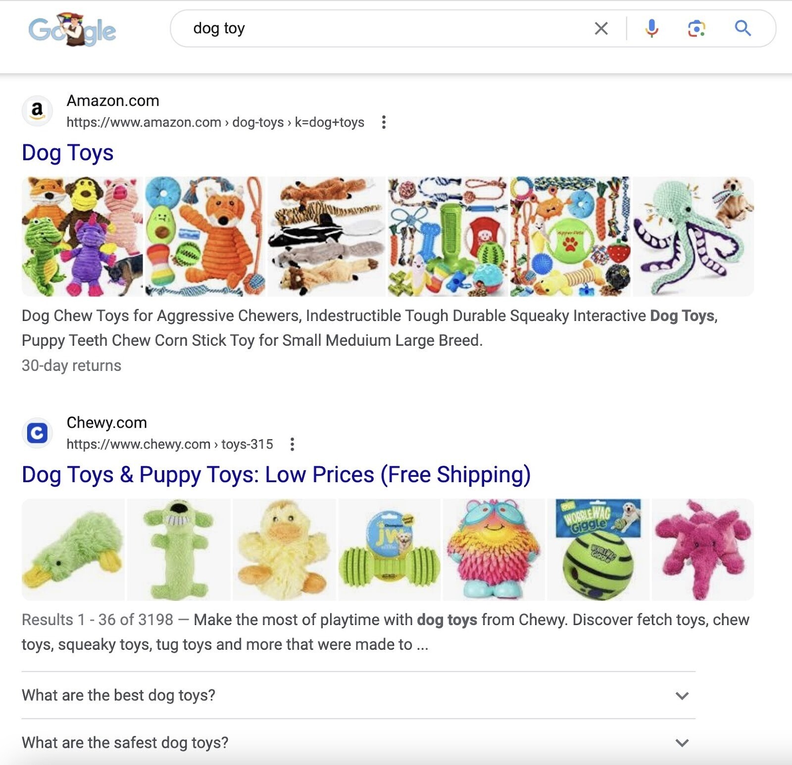 Google results for a “dog toy” search