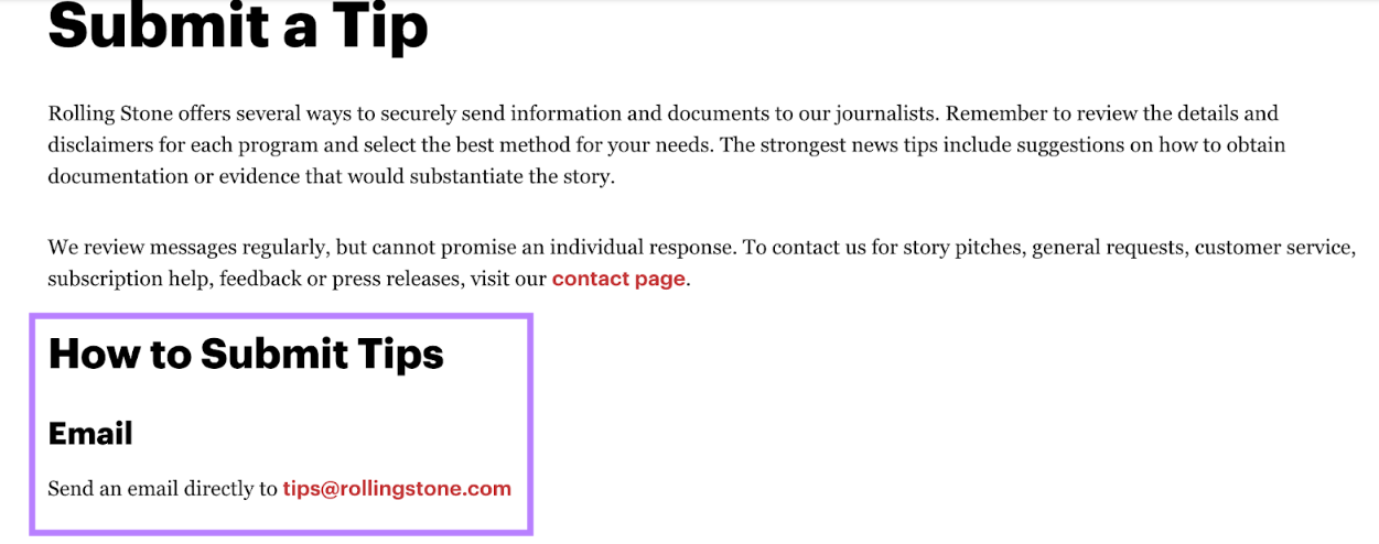 an example of "Submit a Tip" page with available email from Rolling Stone