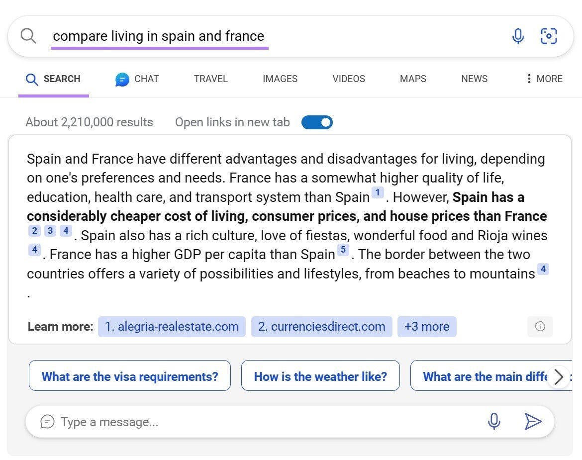 a featured snippet style text box at the top of Bing search results for "compare living in spain and france"