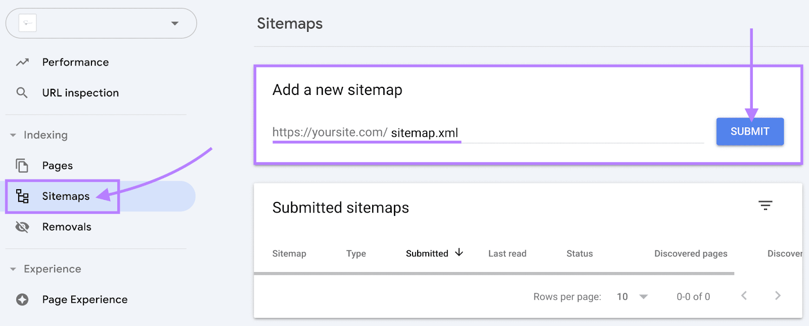 Google Search Console's Sitemaps leafage   with "Add a caller   sitemap" highlighted