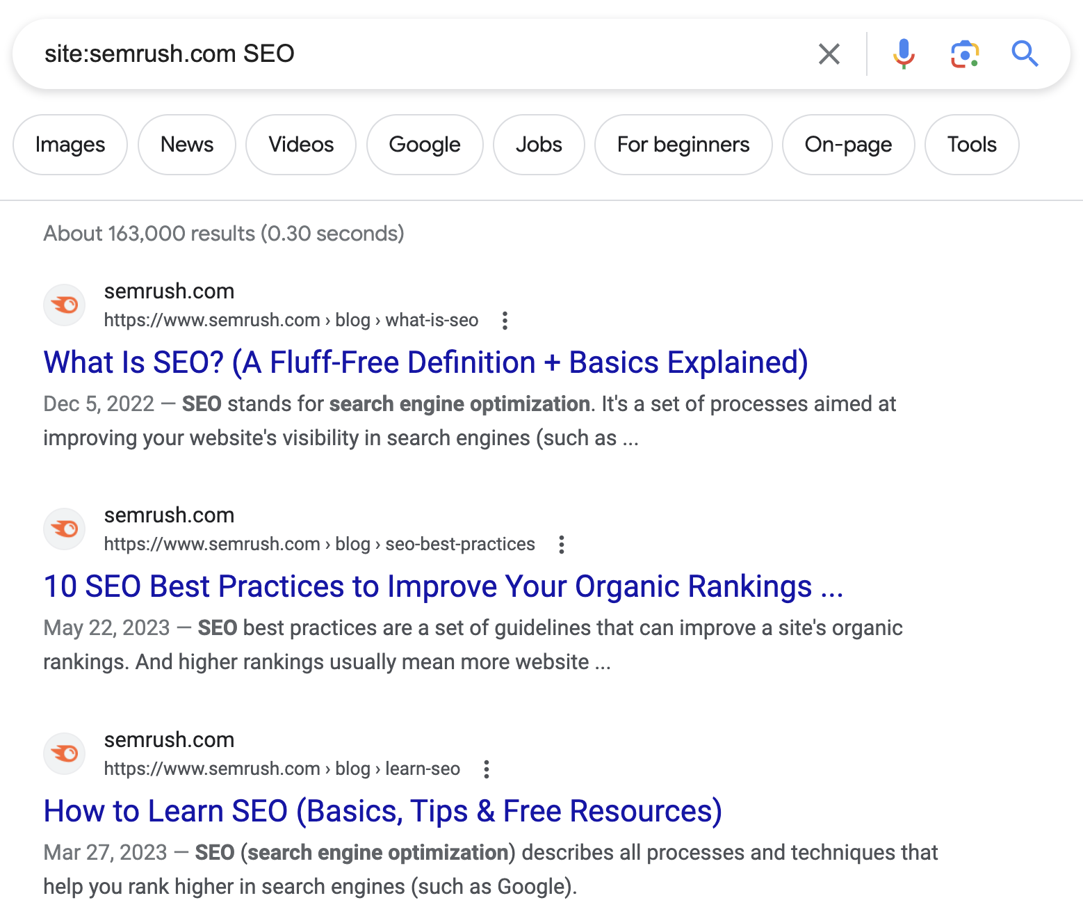 Google search results for “site:semrush.com SEO”