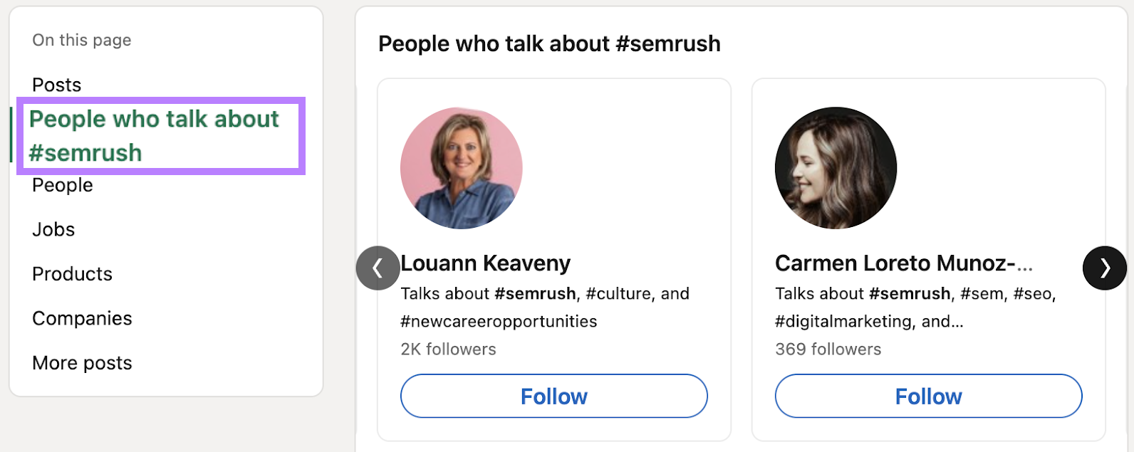 “People who talk about #semrush” on LinkedIn