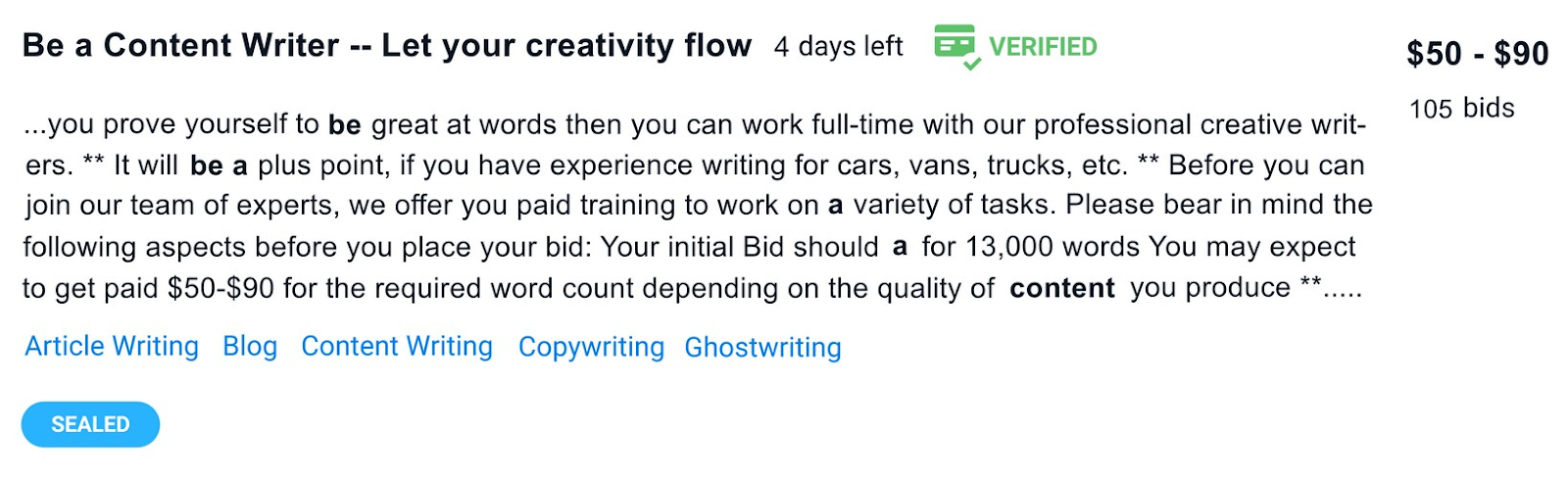 an example of a "Content Writer" job post on Freelancer.com