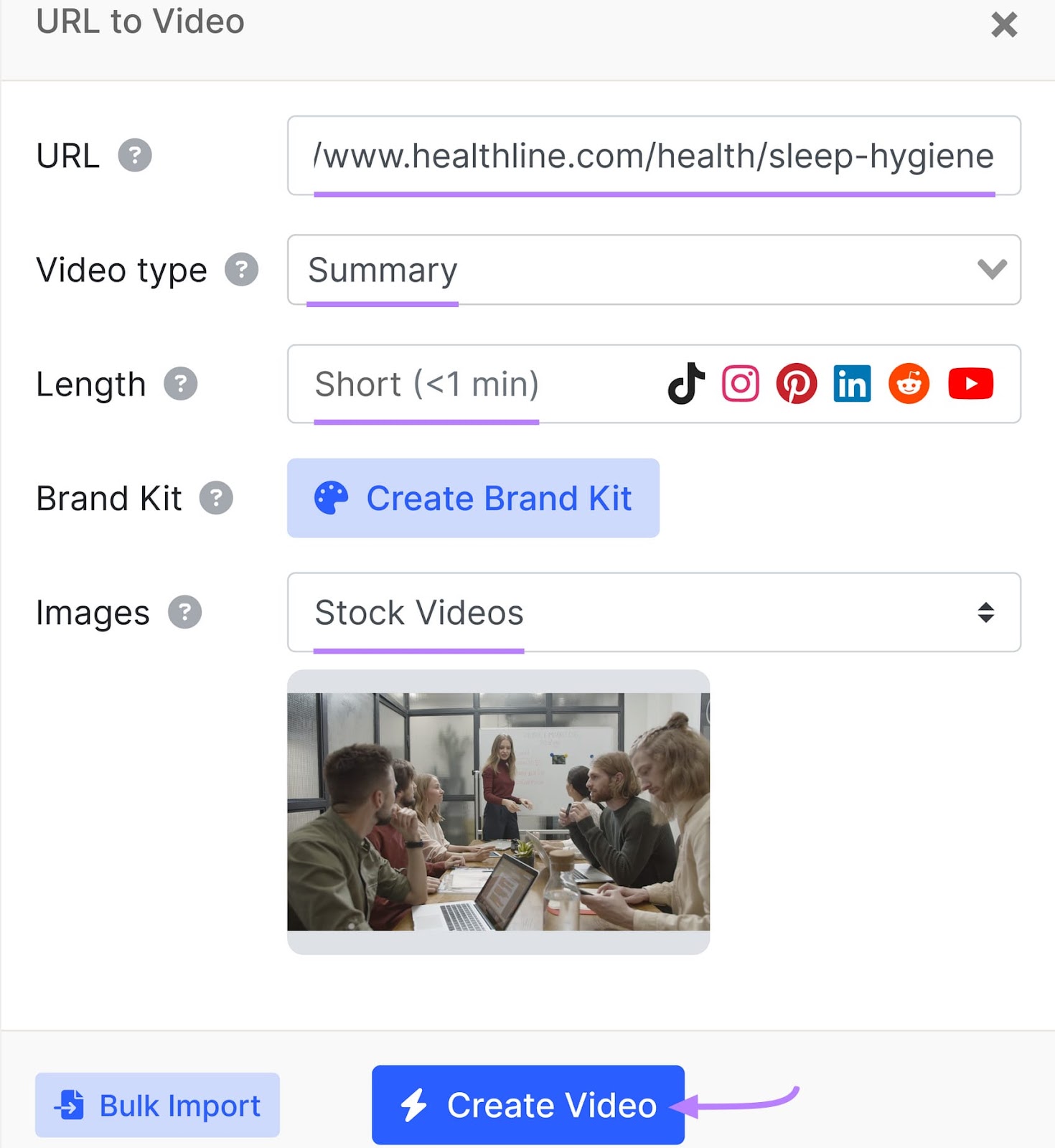 AI Video Marketing Automator interface showing fields for URL, Video type (Summary), Length (Short < 1 min), and Images