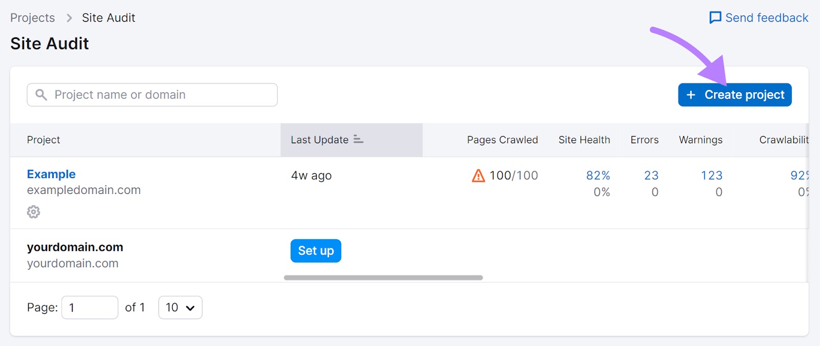 "+ Create project button" in Site Audit