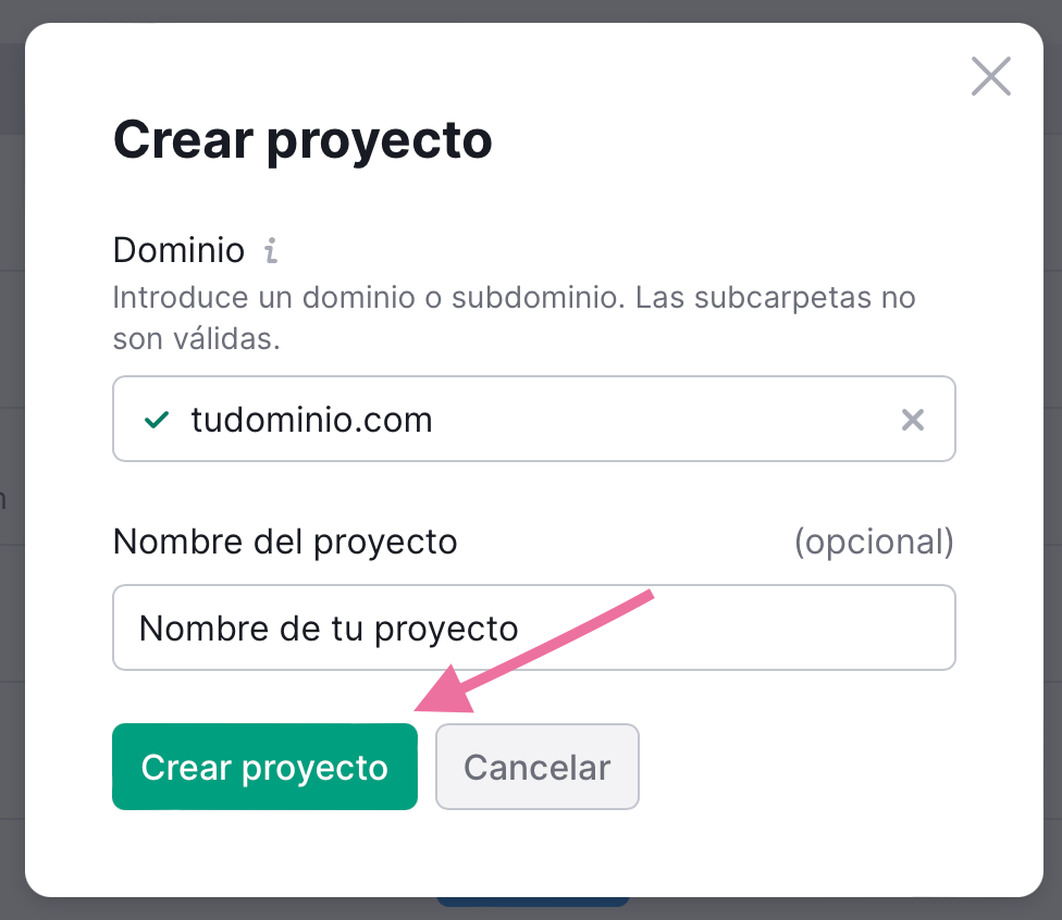 Página de inicio para crear un proyecto en Semrush