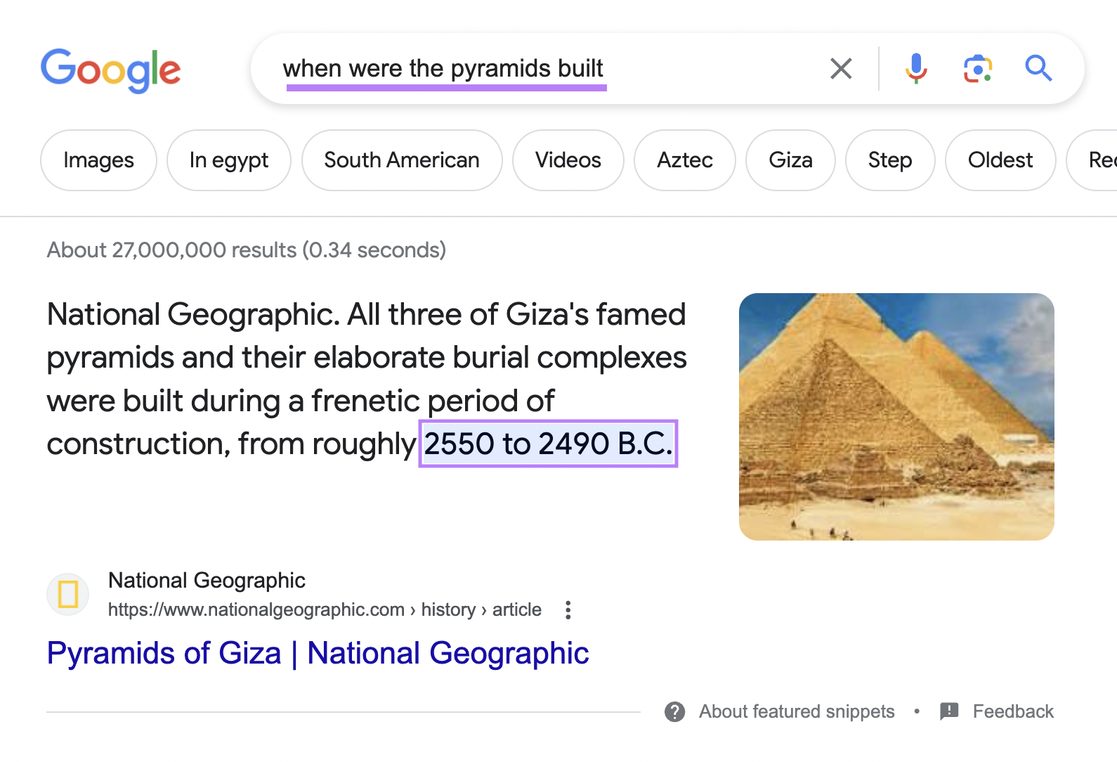 An example of a featured snippet providing the full answer to the query