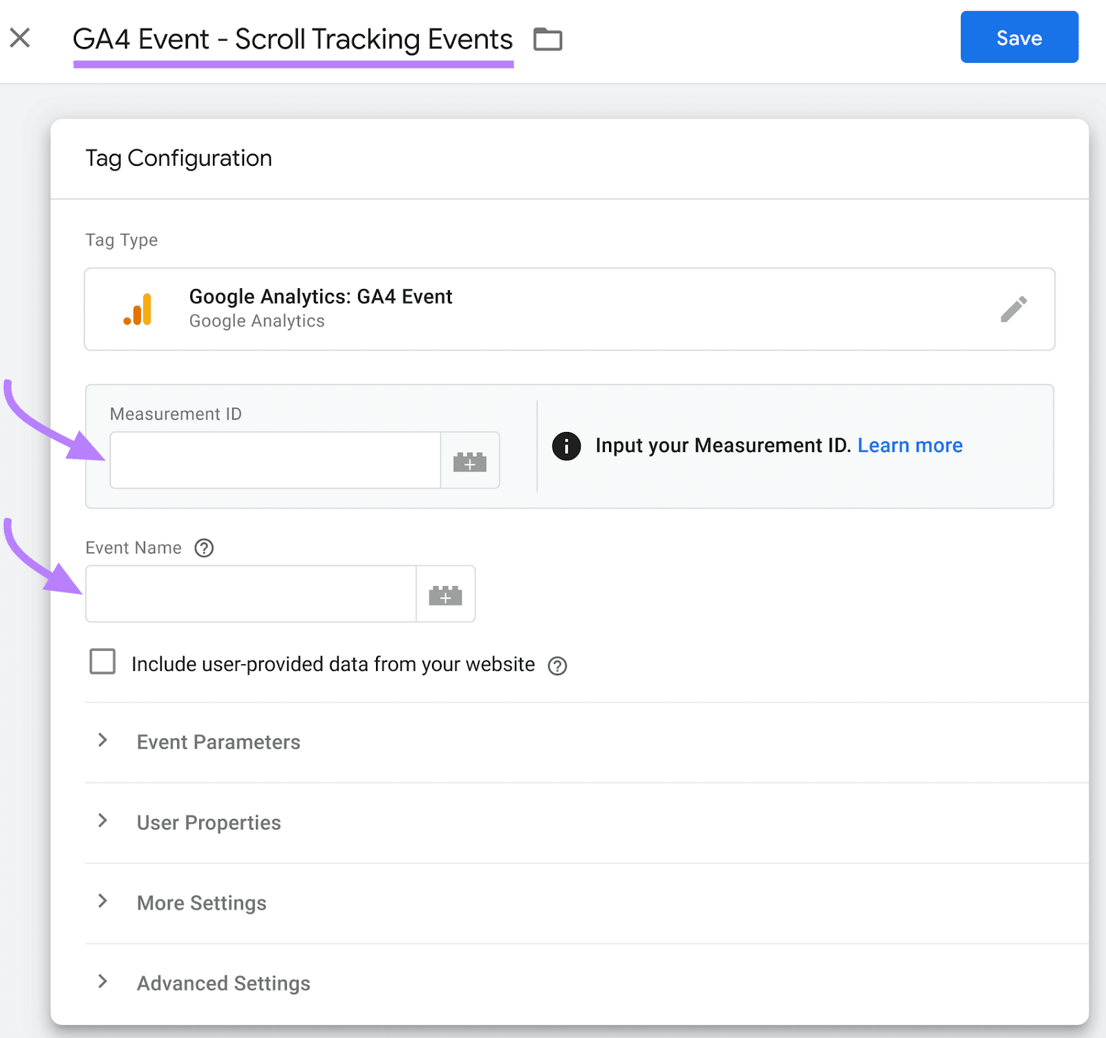 "Tag Configuration" window, with "Measurement ID," and "Event Name" fields highlighted