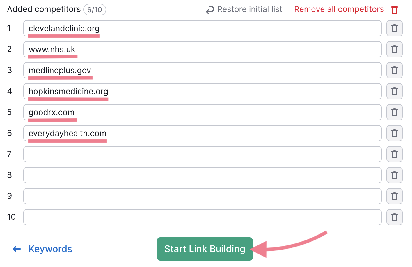 Start Link Building button