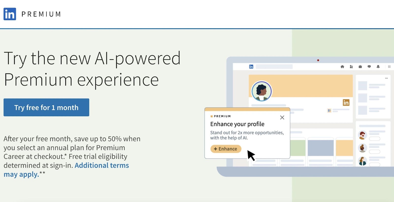 LinkedIn Premium free trial with AI-powered option and illustrated laptop LinkedIn interface