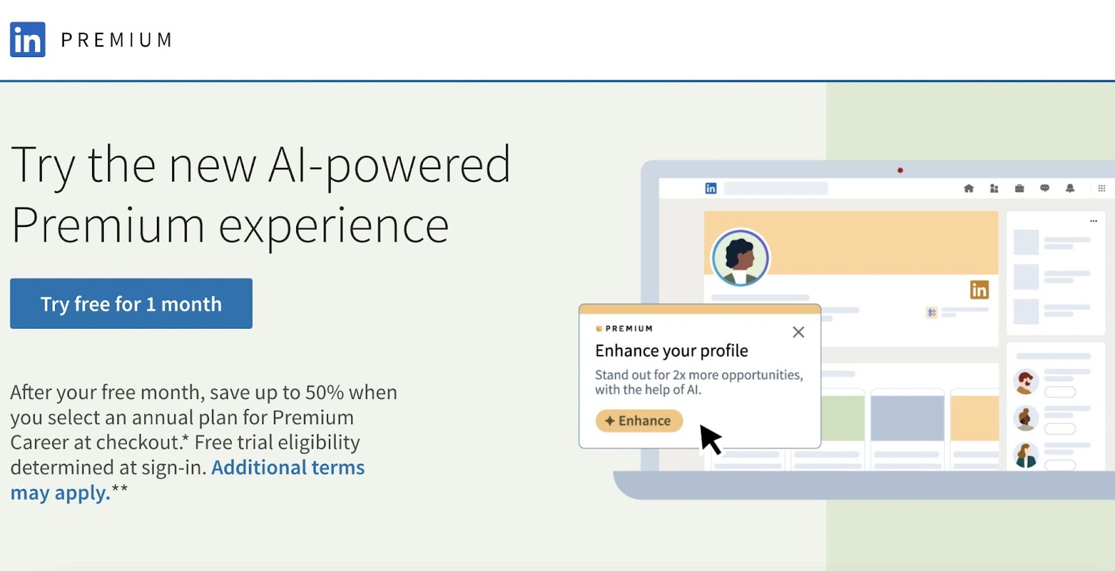 Essai gratuit de LinkedIn Premium avec option alimentée par l'IA et interface LinkedIn illustrée pour ordinateur portable
