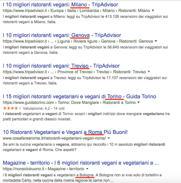 Serp di Google per la ricerca miglior ristorante vegan