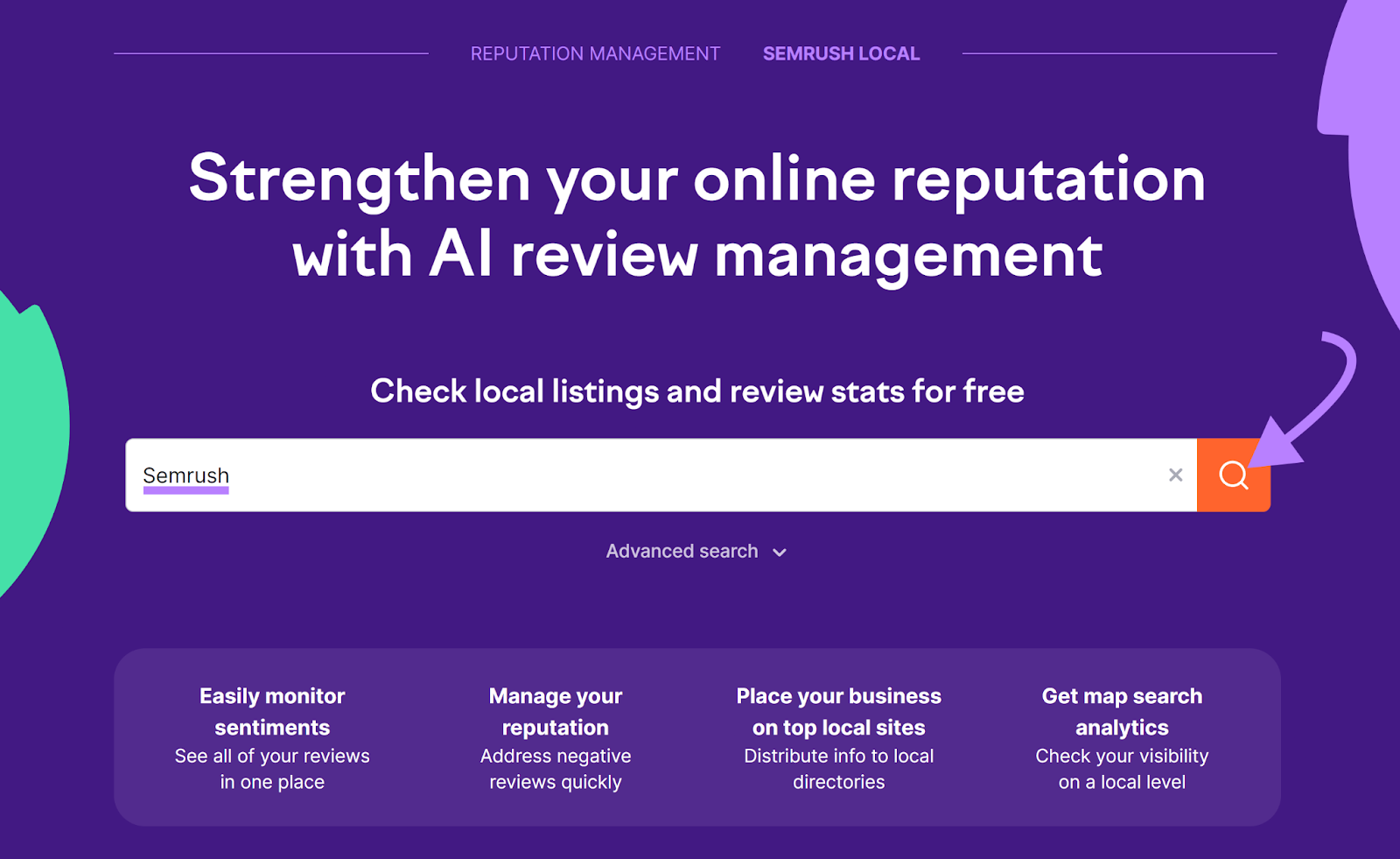 Semrush Review Management start page with business name entered and arrow pointing to Search icon