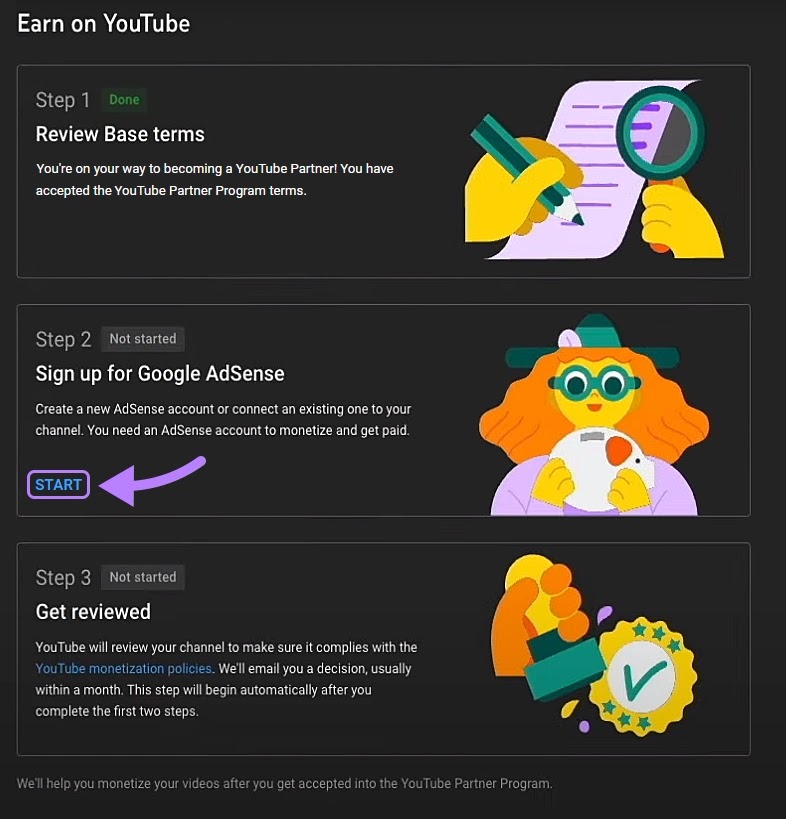 "Sign up for Google AdSense" step in YouTube Studio