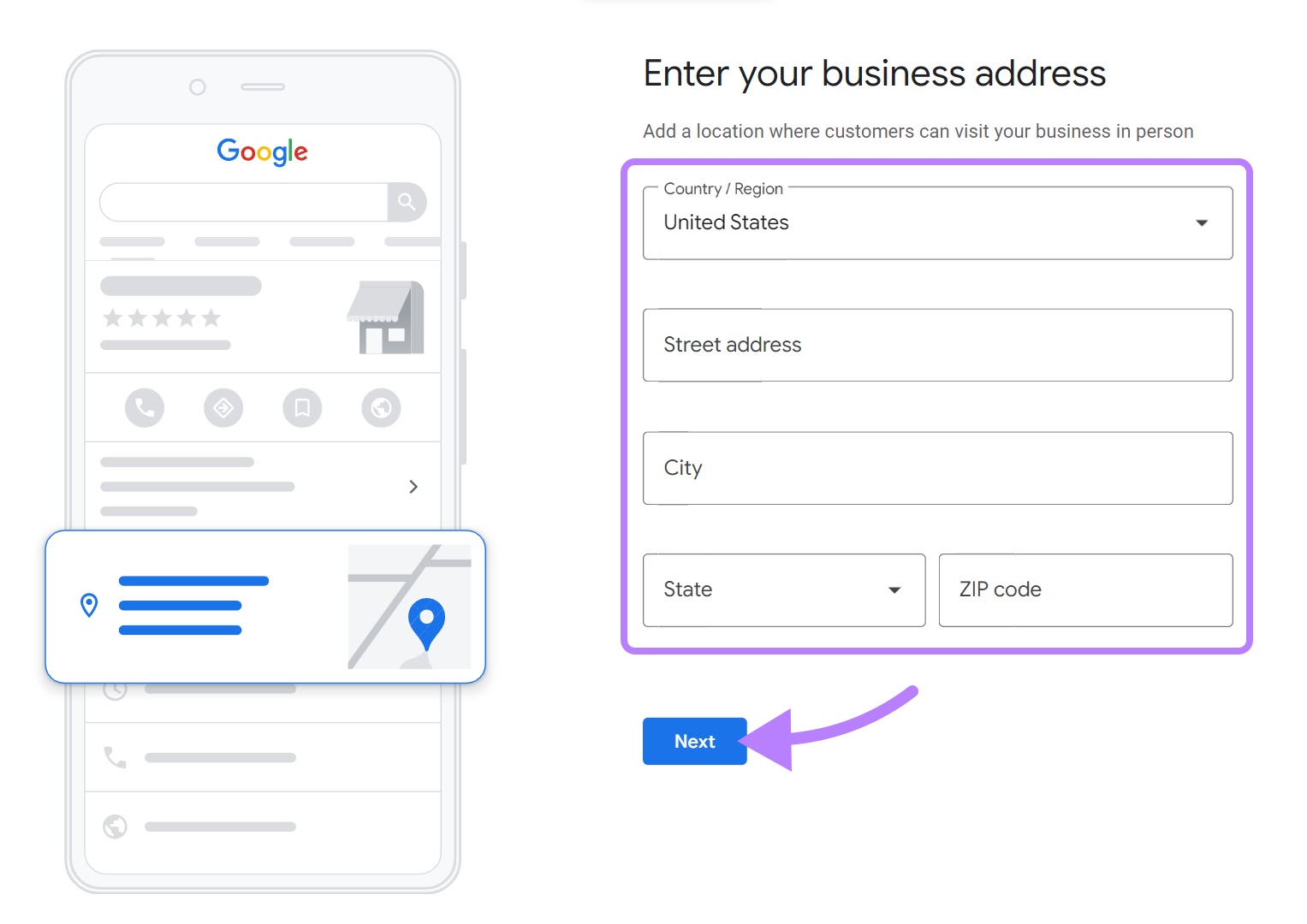 "Enter your concern  address" model   successful  Google Business Profile page