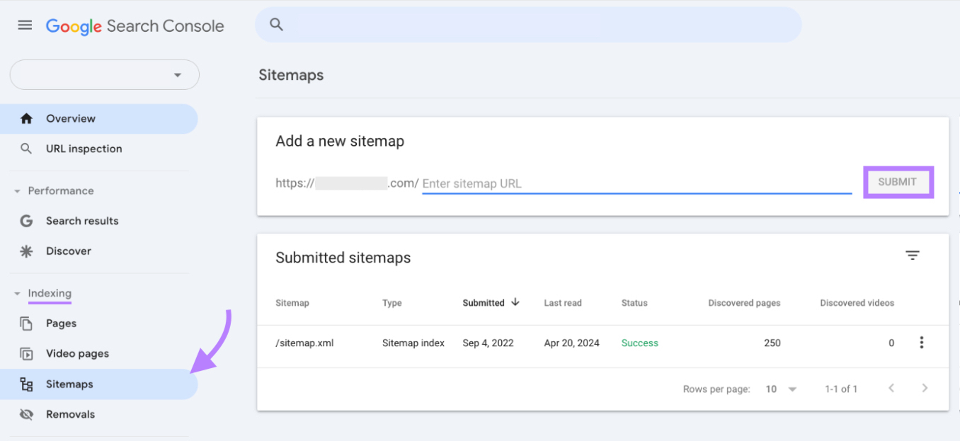 Sitemaps page on Google Search Console with the left menu and 'Submit' under 'Add a new sitemap' highlighted.
