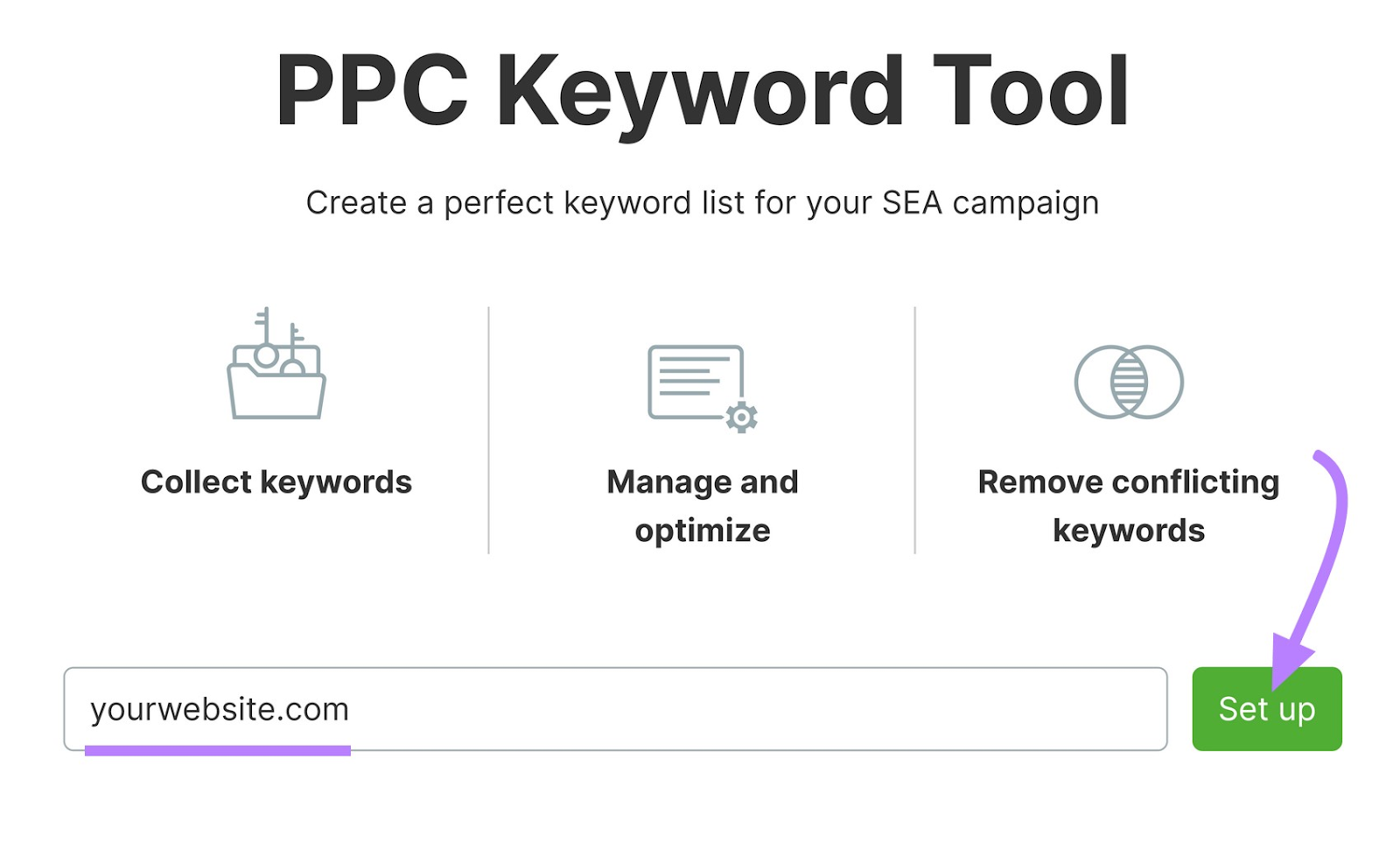 Semrush PPC Keyword Tool leafage   with 'yourwebsite.com' domain entered and 'Set up' fastener  highlighted