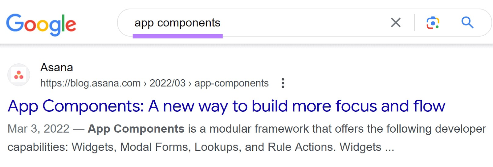 Asana's App Components results on Google SERP for "app components" query