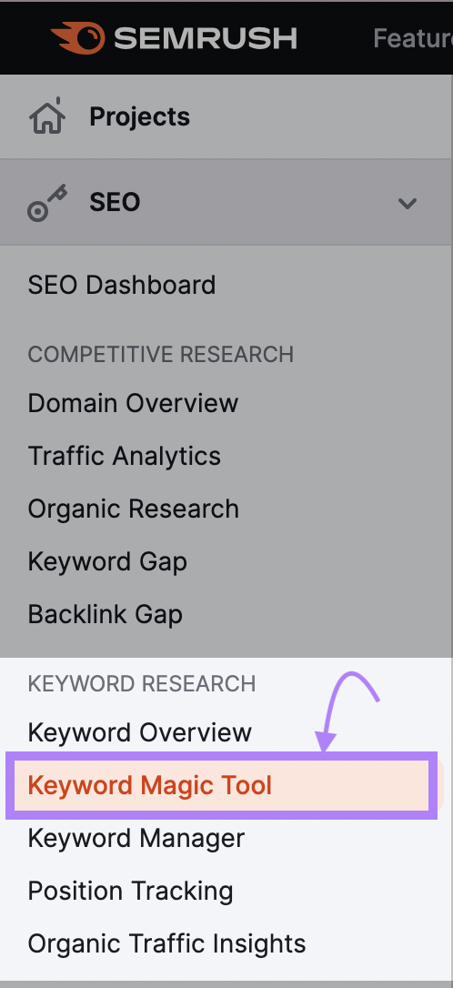 “Keyword Magic Tool” widget highlighted