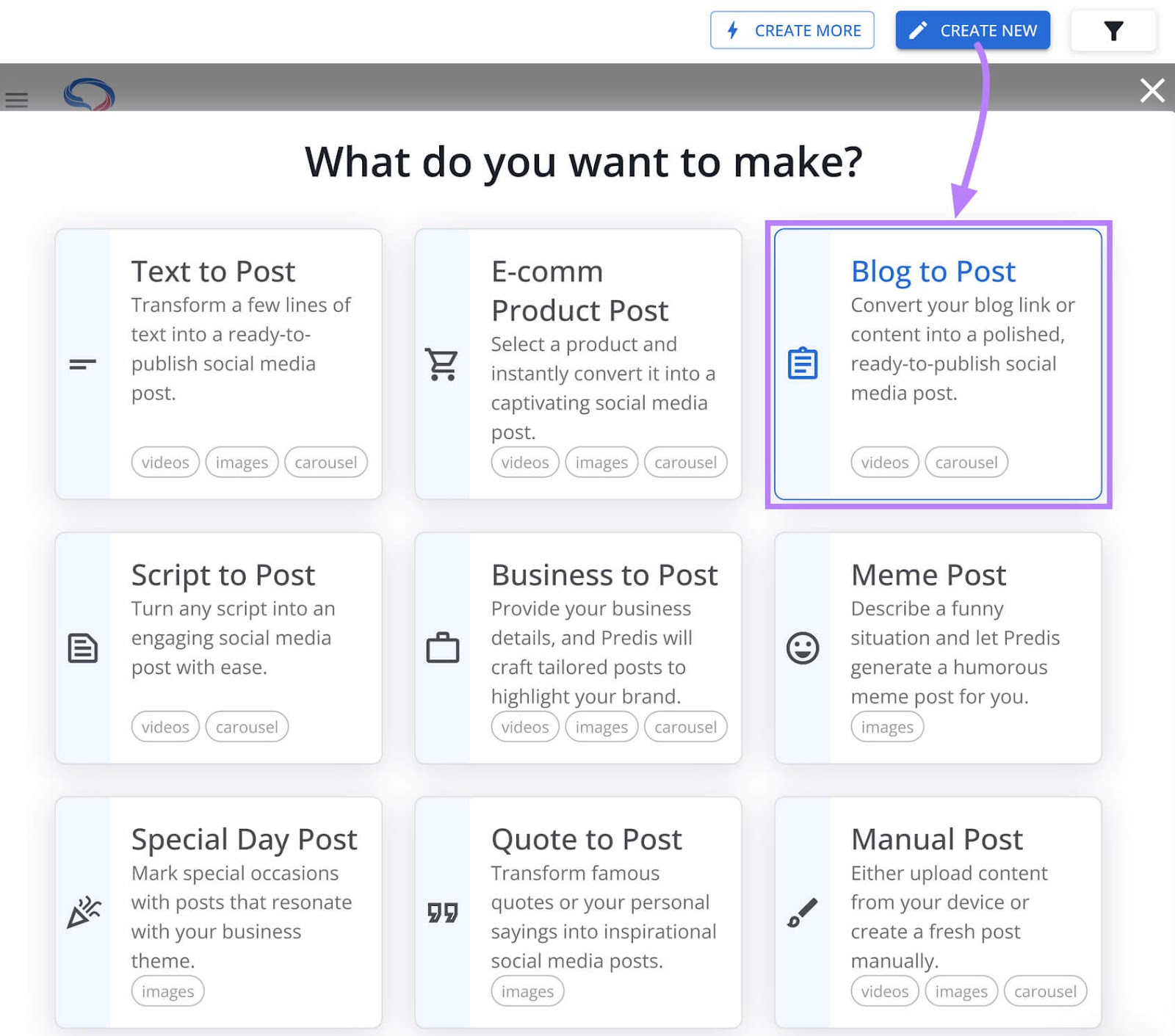 The "blog to post" option in AI Social Content Generator