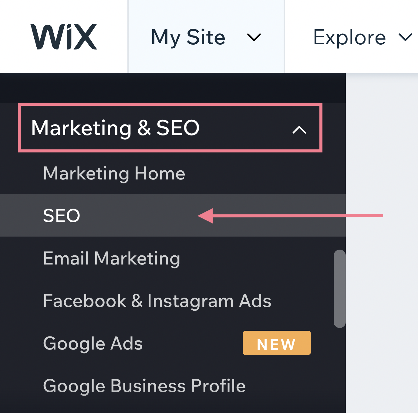 Navigate to SEO section in Wix menu