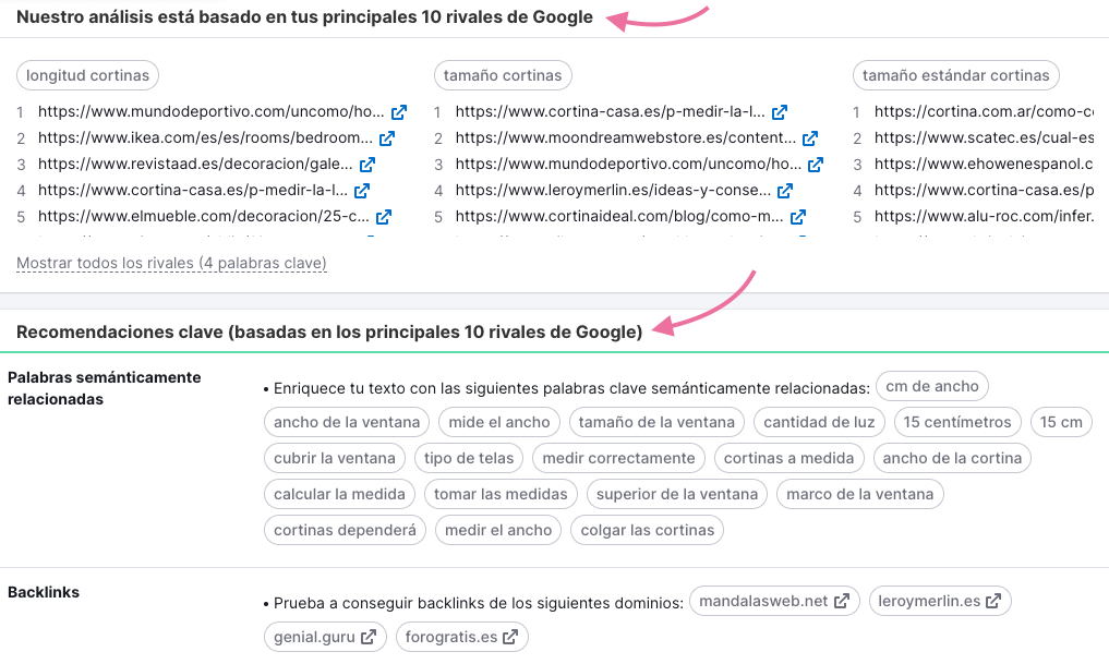 La herramienta te proporciona sugerencias basadas en los 10 resultados principales para tus palabras clave objetivo