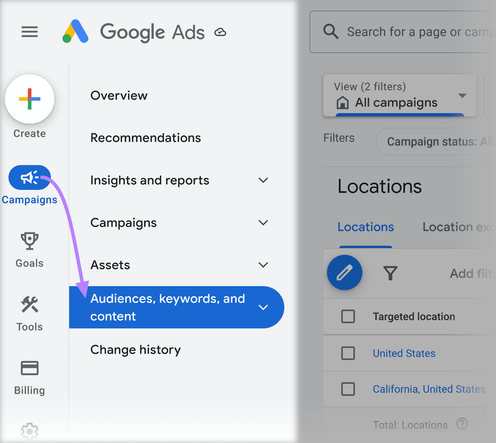 Navigating to “Campaigns” > “Audiences, keywords and content” in Google Ads