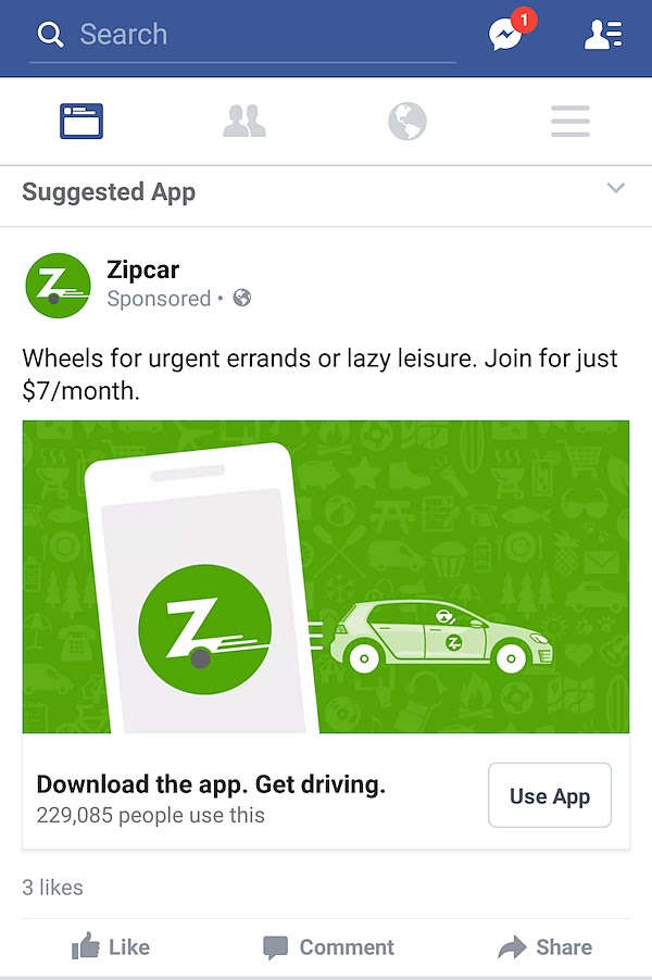 Zipcar's Facebook add, prompting users to download the app
