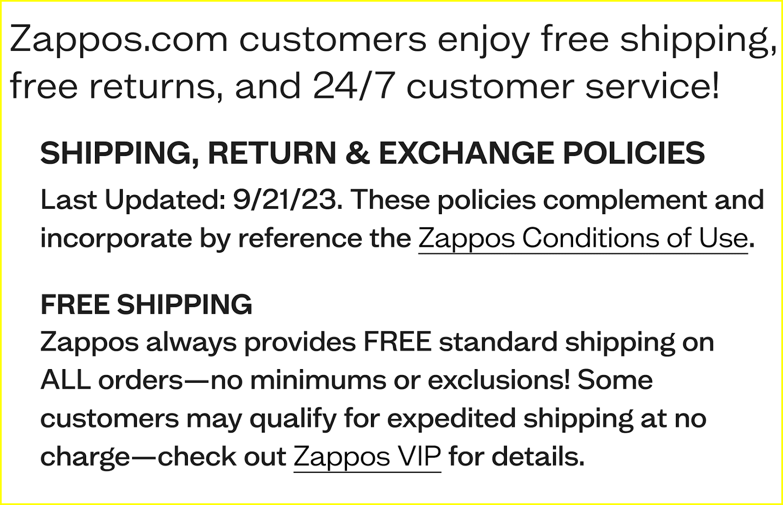 A section of Zappos’ shipping and return policies