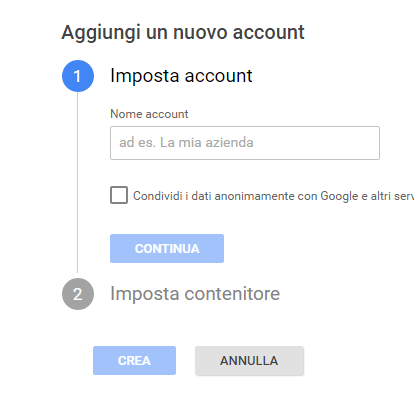 Creazione account in Google Tag Manager