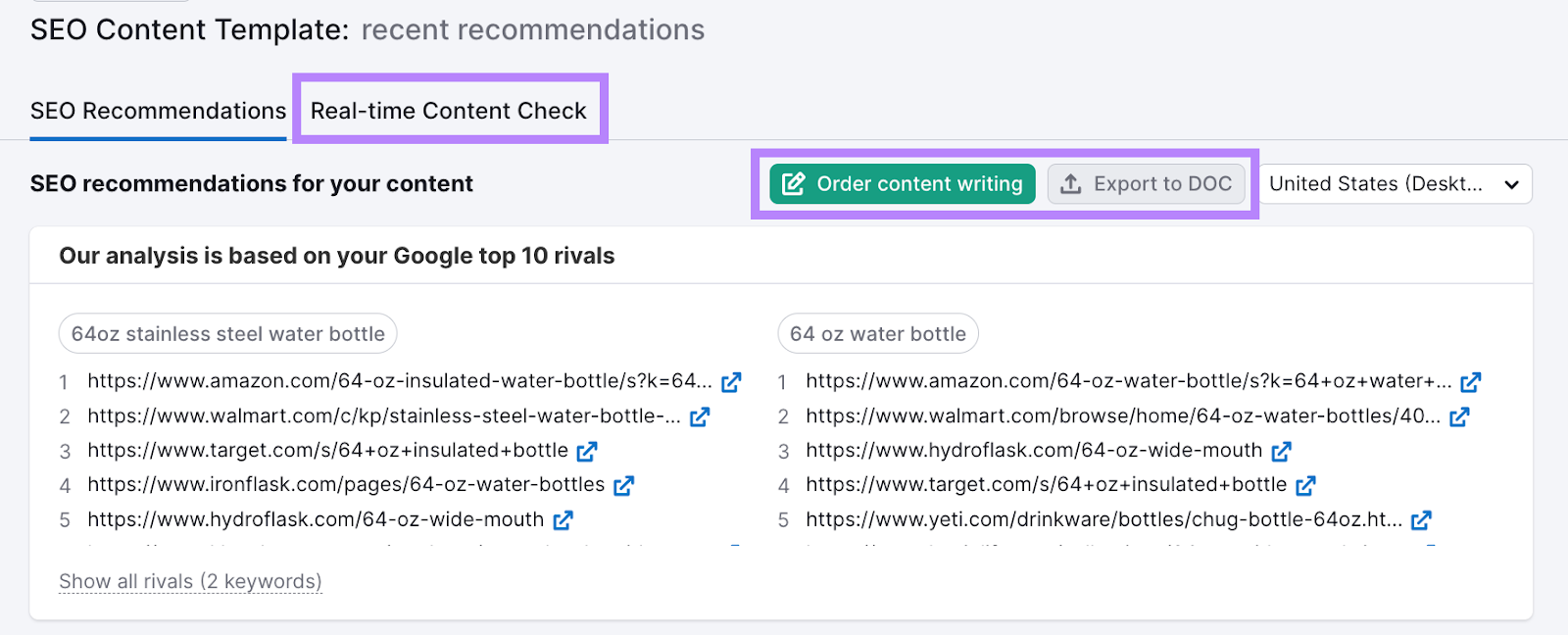"Order content writing," "Export to DOC" and "Real-time Content Check" buttons highlighted in SEO Content Template tool