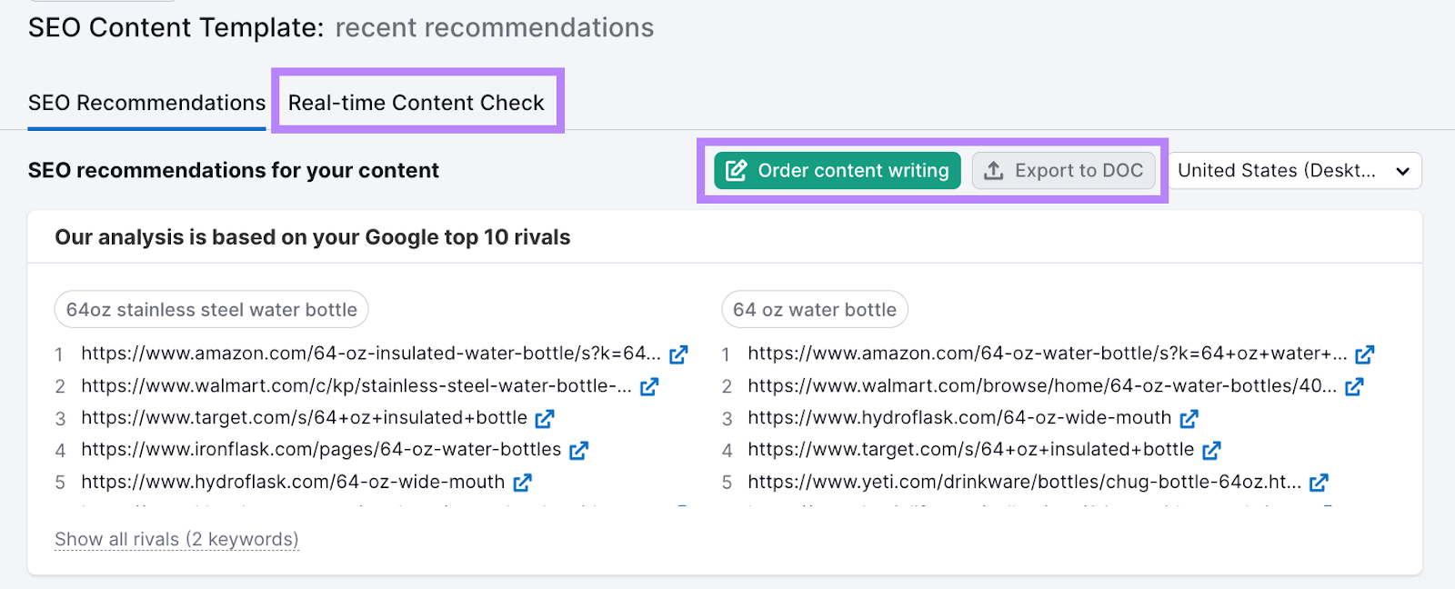 Botones "Encargar redacción de contenidos", "Exportar a DOC" y "Comprobación de contenidos en tiempo real" destacados en la herramienta Plantilla de contenidos SEO