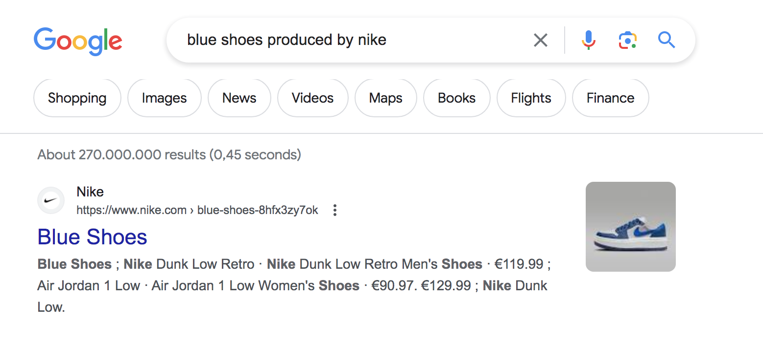 Nike's "Blue Shoes" page comes in the first Google result for "blue shoes produced by Nike" query