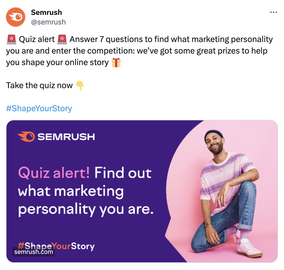 Semrush post on X platform, inviting users to take a quiz