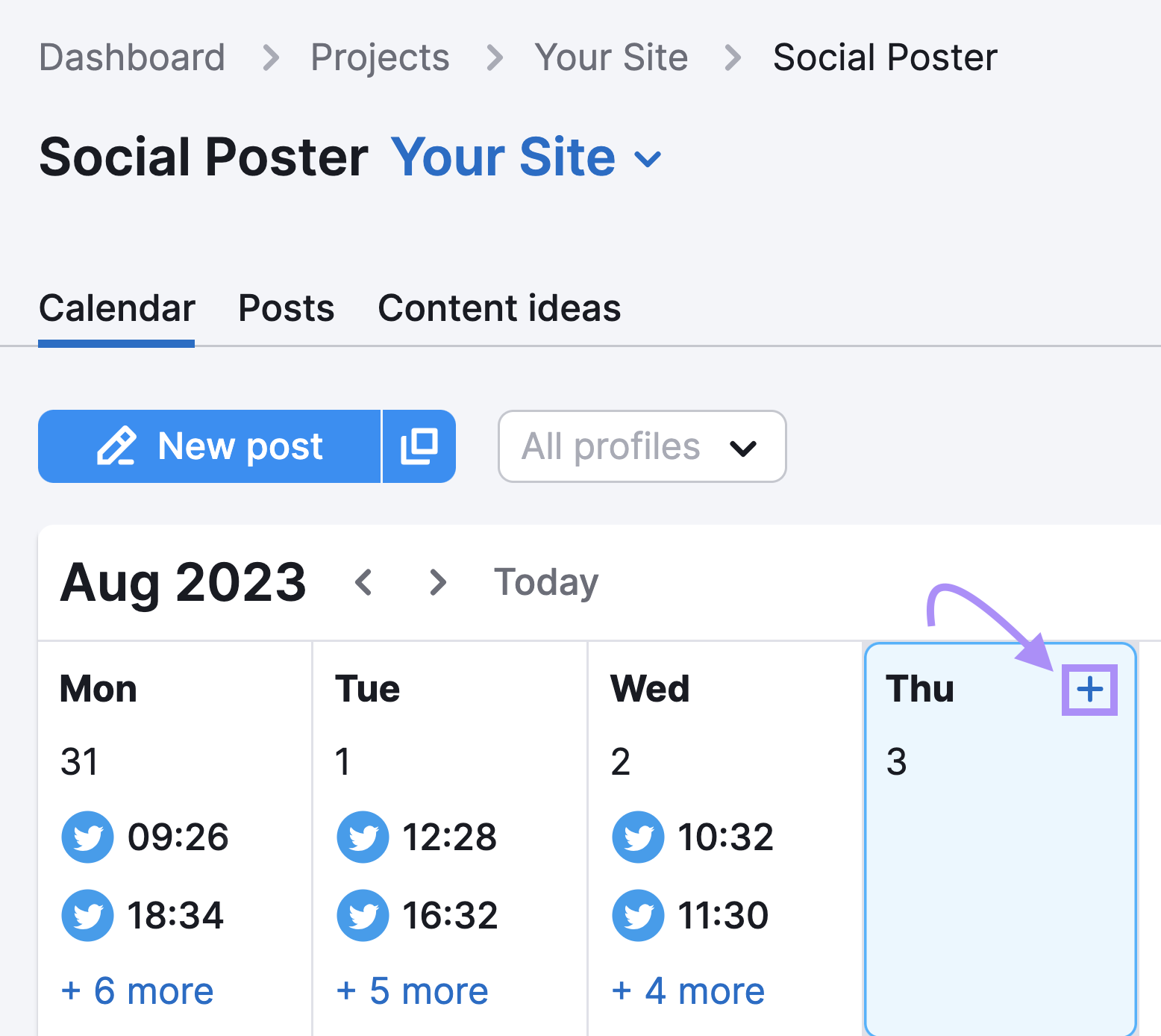 “Calendar” tab in Social Poster tool