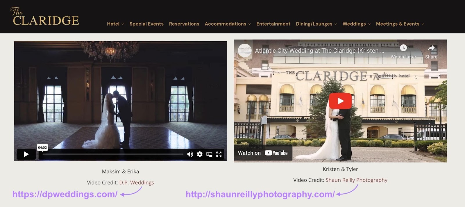 video credits shown on The Claridge Hotel page