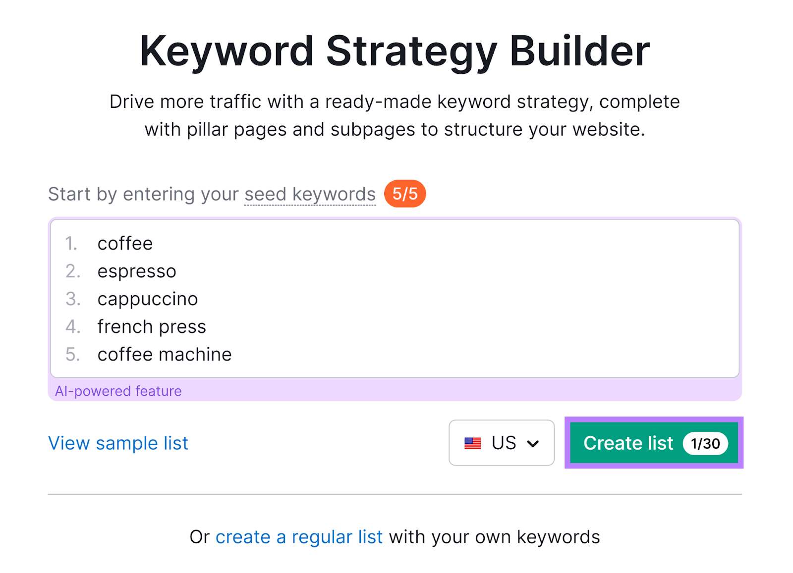 Keyword Strategy Builder instrumentality   commencement  with coffee-related keywords and make  database  fastener  highlighted.