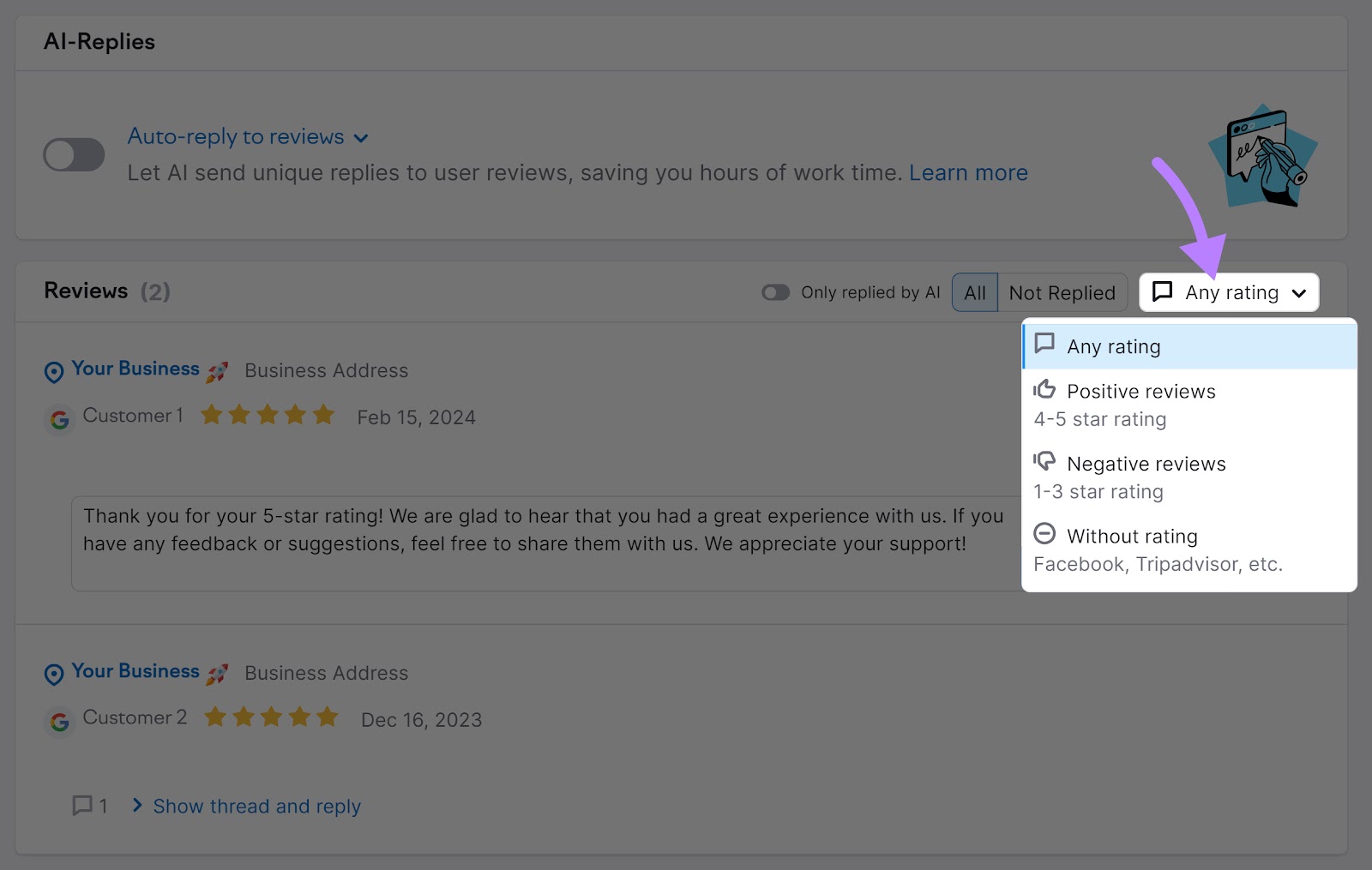 Reviews section of the "Review Management" tool highlighting the rating filter options.