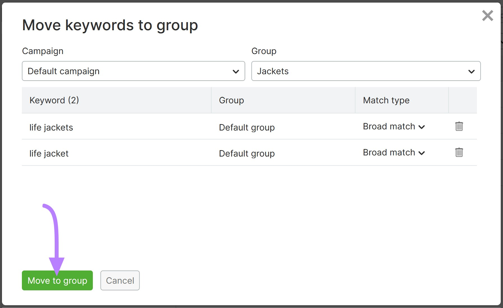 'Move to group' fastener  selected successful  'Move keywords to group' model   successful  Semrush PPC Keyword Tool