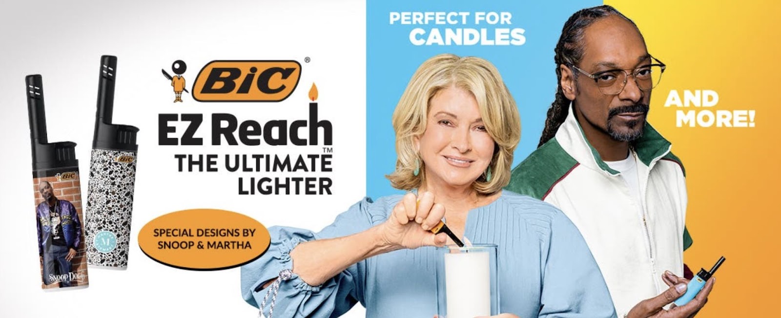 Anuncio de Bic en el que aparecen Martha Stewart y Snoop Dogg con "Perfecto para velas y más" copy