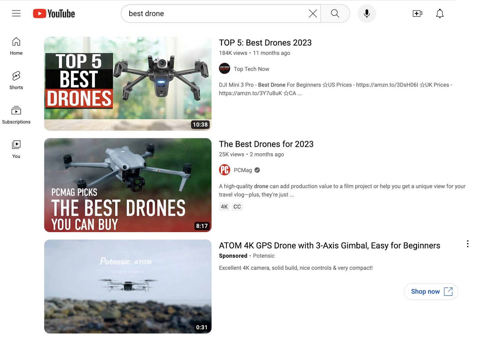YouTube's search results for "best drone"