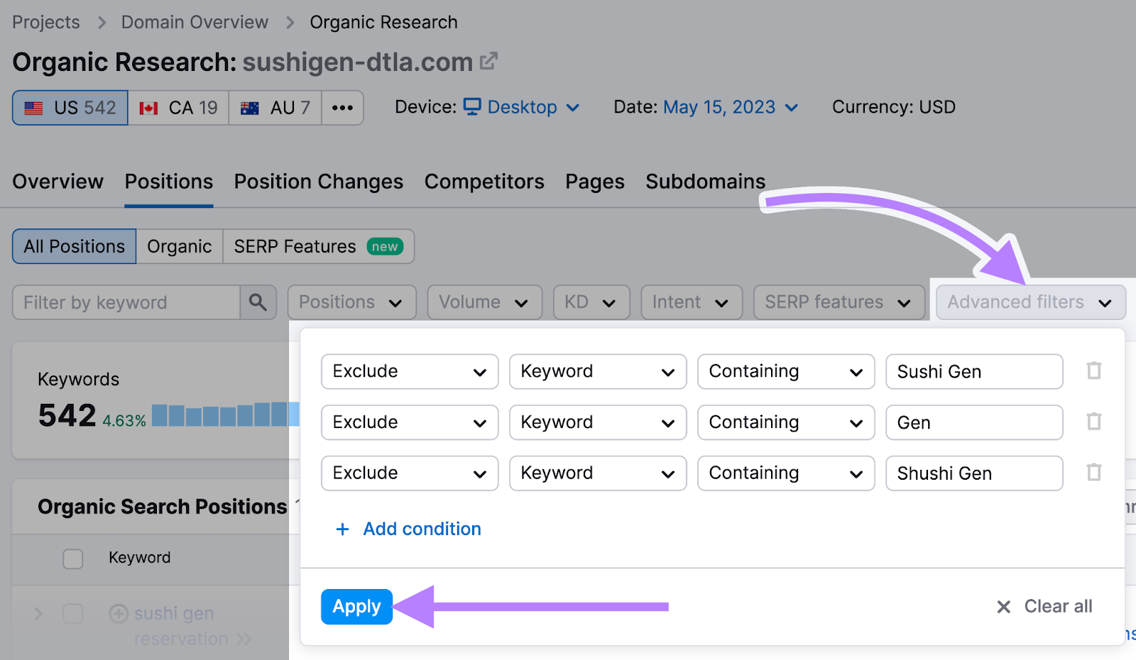 using “Advanced filters” in Organic Research tool