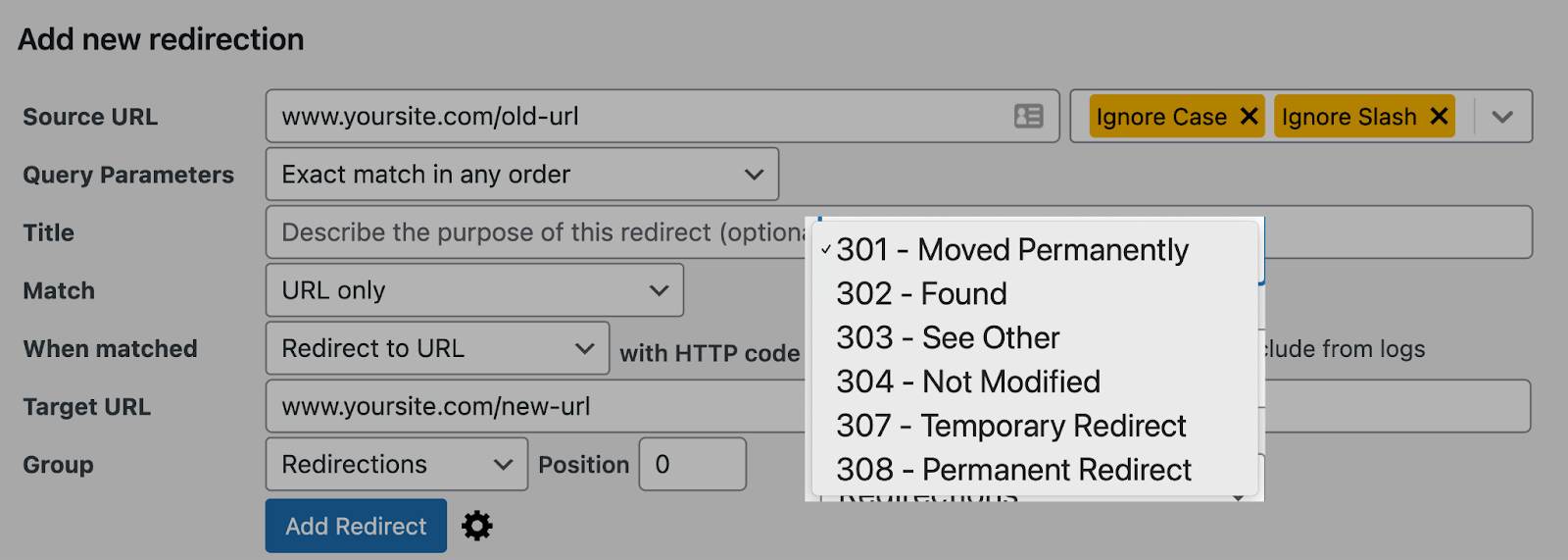 all 3xx redirect types offered in drop-down menu in Redirection plugin