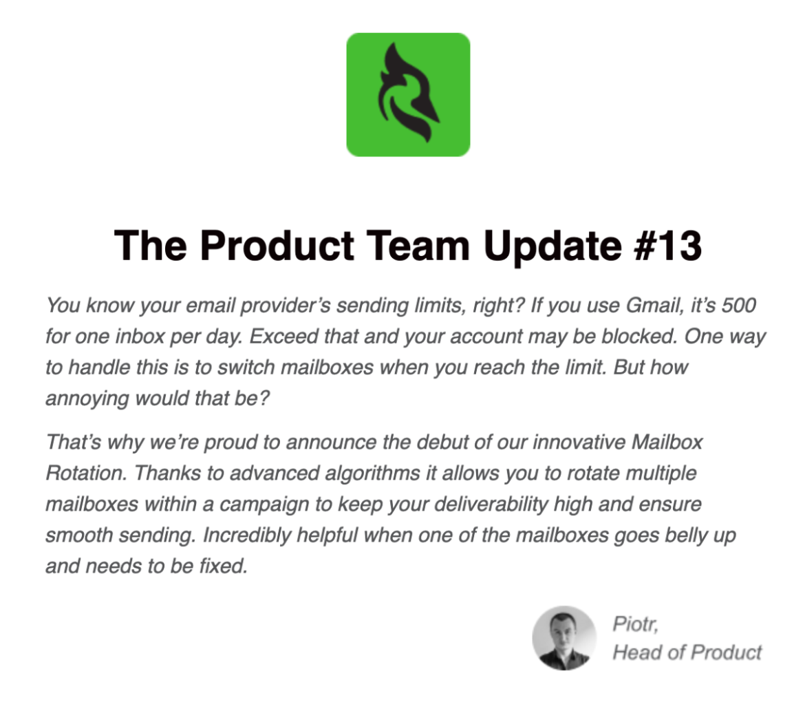 Woodpecker's "The Product Team Update #13" email