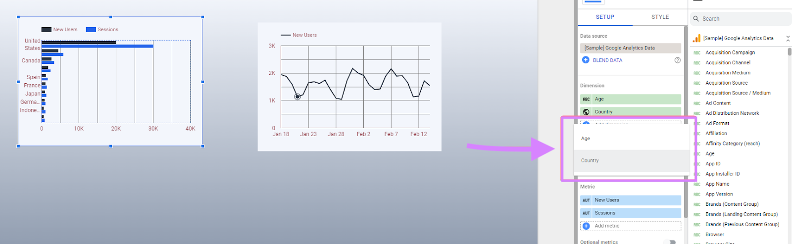 "Age" and "Country" set as the default drill down option