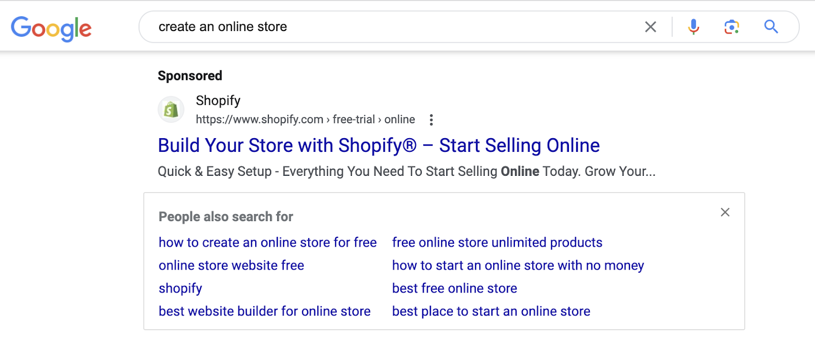 Shopify's sponsored result on Google SERP for “create an online store” query